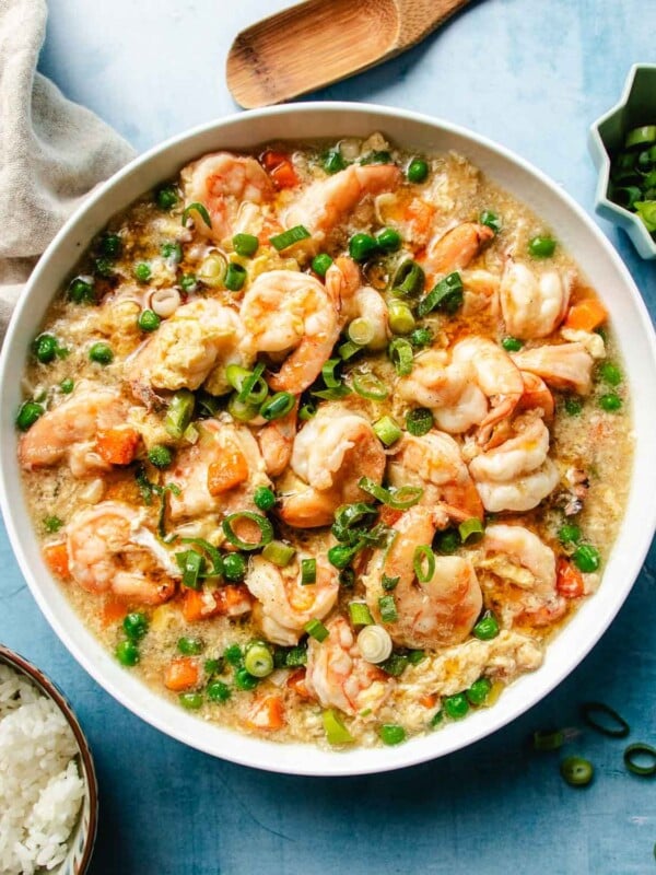 Feature image shows a big plate of tender shrimp with velvety lobster sauce.