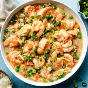 Recipe image shows shrimp in lobster sauce Chinese takeout style.