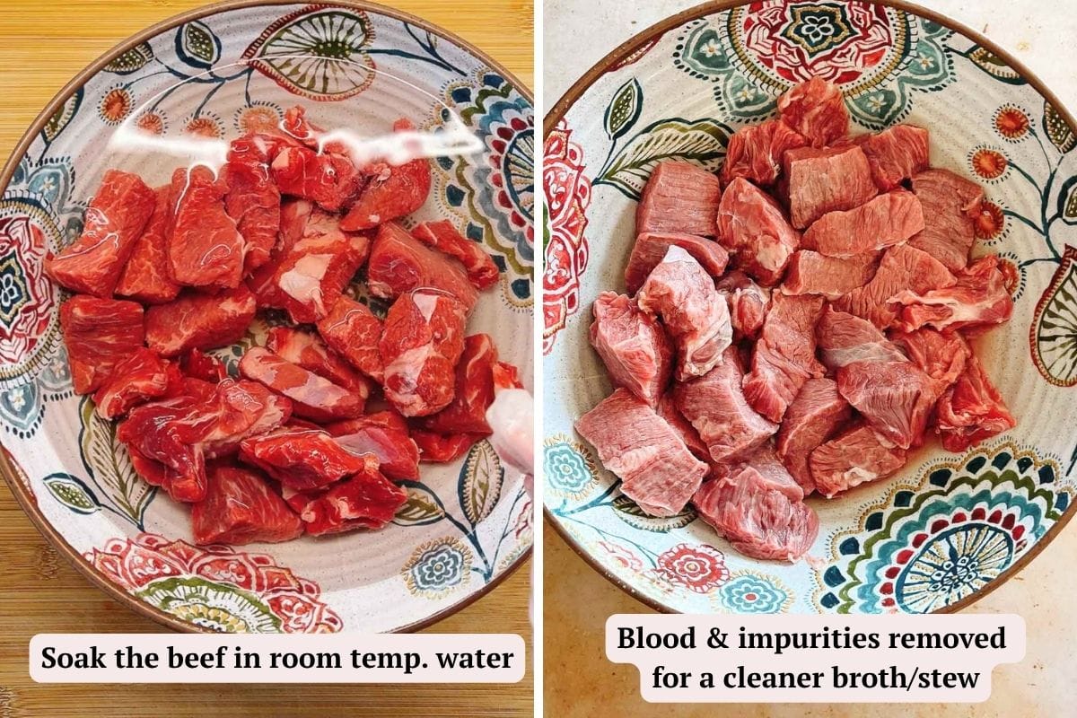 Two patterned bowls: the left shows raw beef cubes in water labeled Soak the beef in room temp. water. The right shows cleaner beef cubes labeled Blood & impurities removed for a cleaner broth/stew—an essential step for an authentic Chinese beef stew.