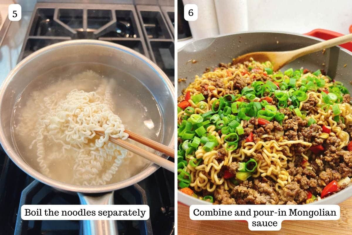 Person demos boiling the noodles separately before adding to the ground beef.