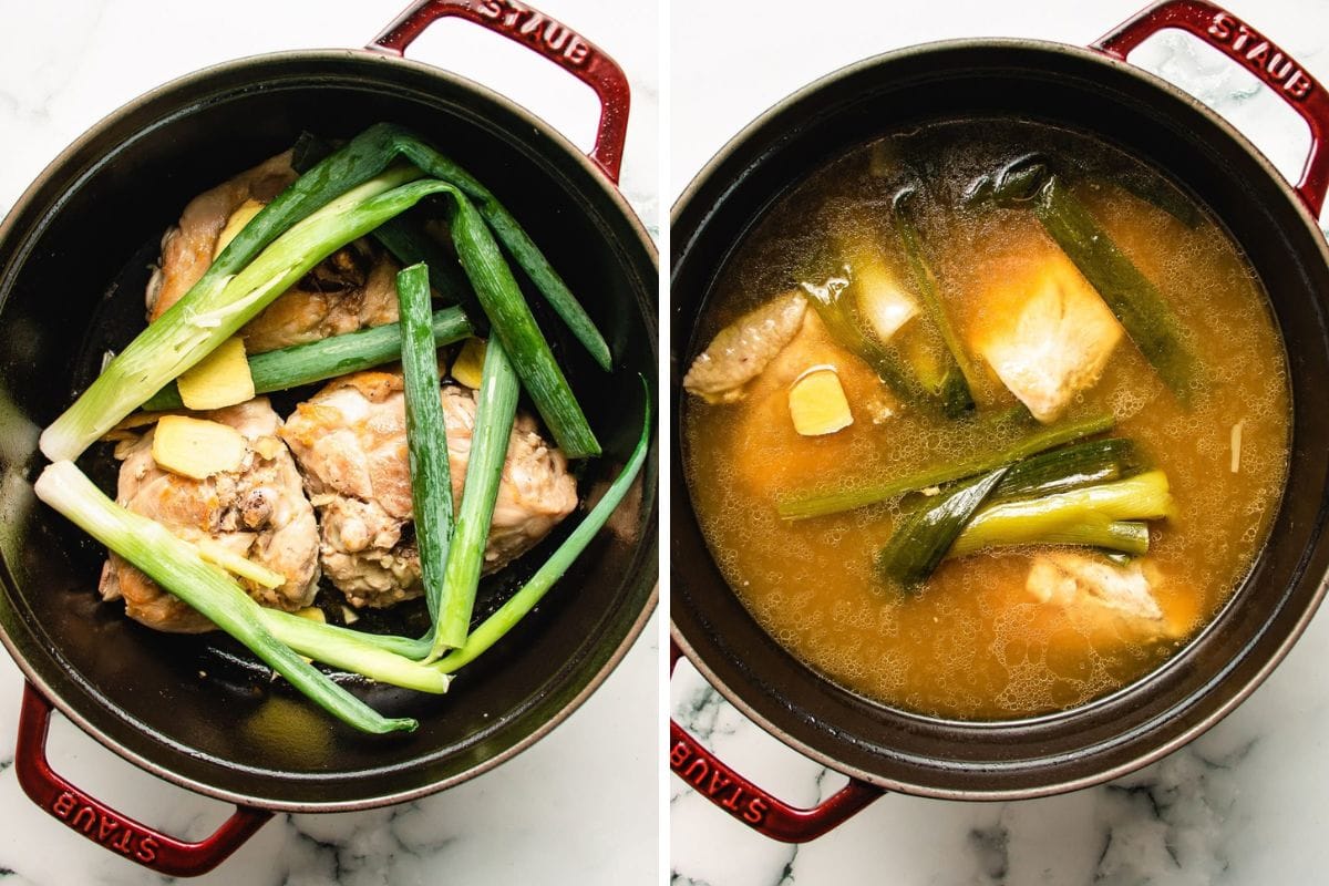 Two photos of a red Staub Dutch oven containing chicken, scallions, and ginger, shown before and after making hot pot broth.