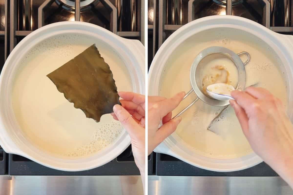 A two-part photo showing a hand placing kombu into a pot of creamy hot pot broth, followed by a hand using a strainer to dissolve miso paste into the hot pot soup base.