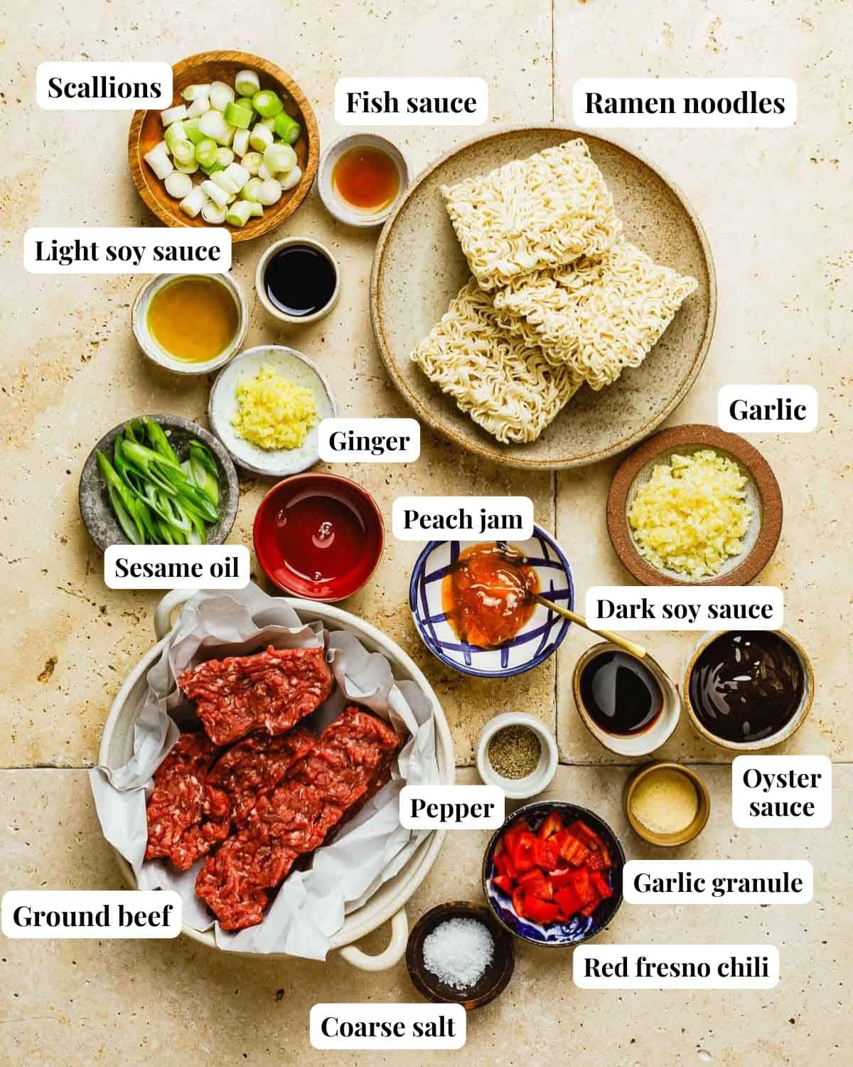 Image shows ingredients including ground beef and noodles used to make the dish.