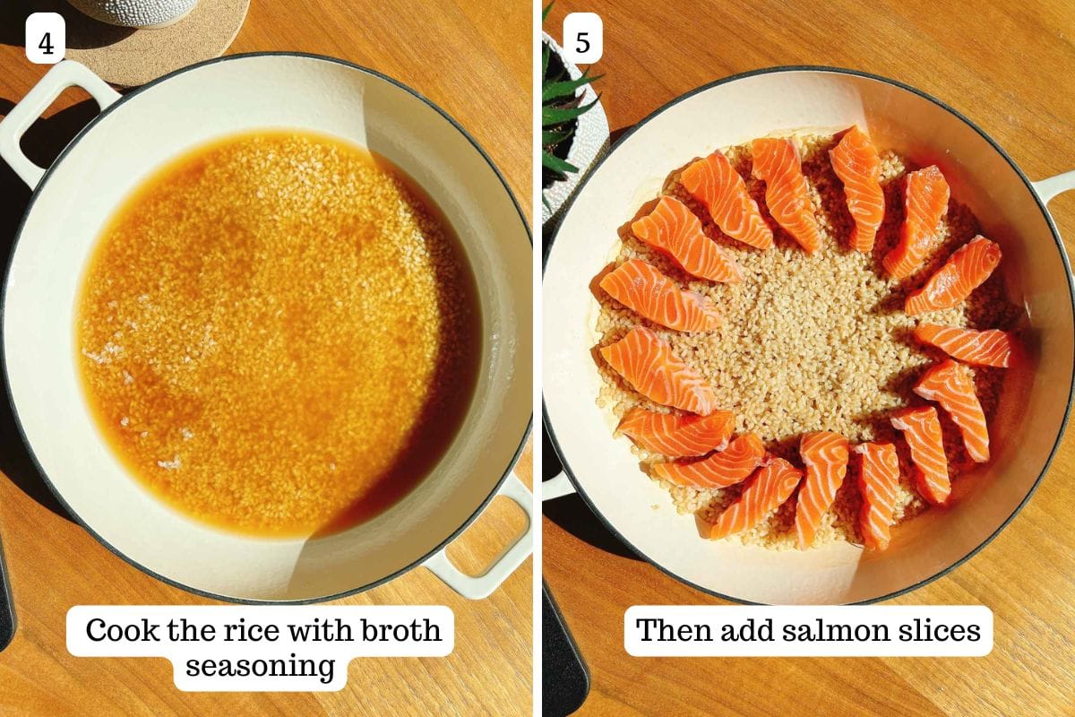 Person demos how to cook the rice on stovetop top and place the salmon on top of the rice.