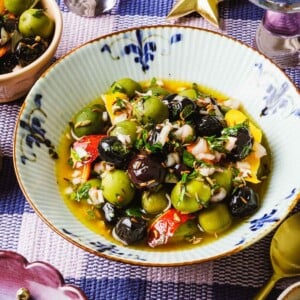 Recipe image for marinated olives in olive oil.