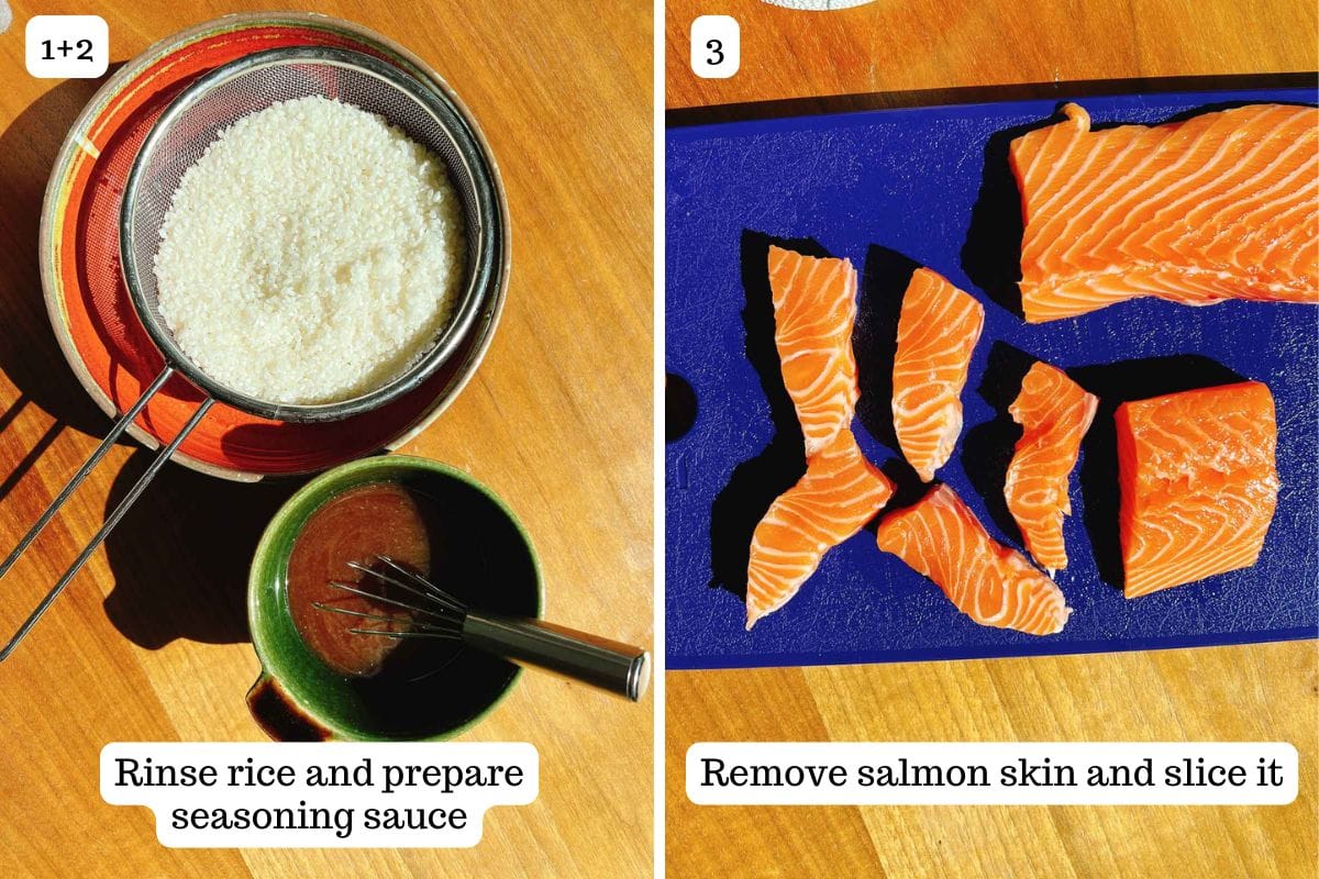 Person demos preparing the rice, seasoning stock, and slice the salmon.