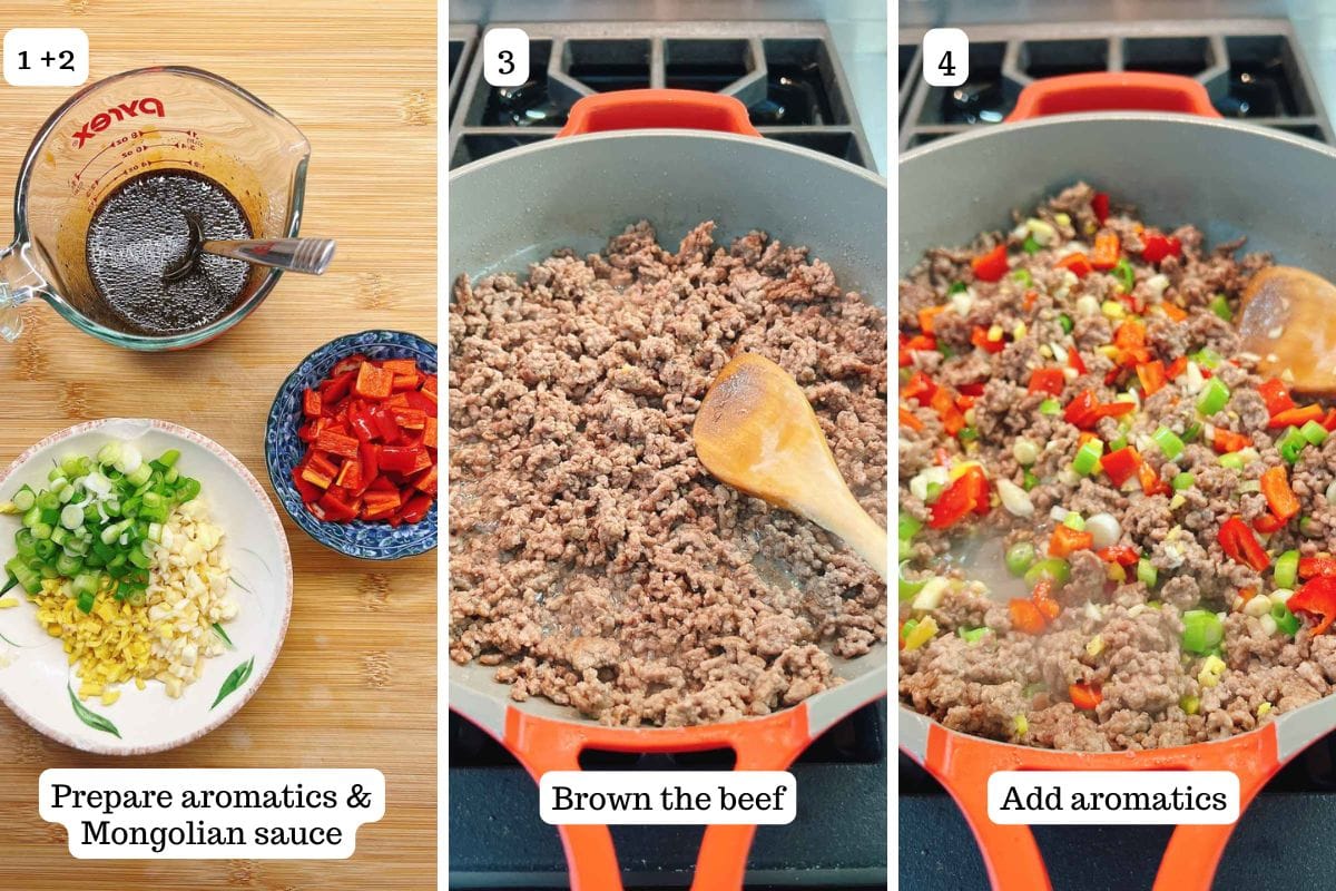 Person demos preparing sauce, ground beef, and aromatics for stir frying.