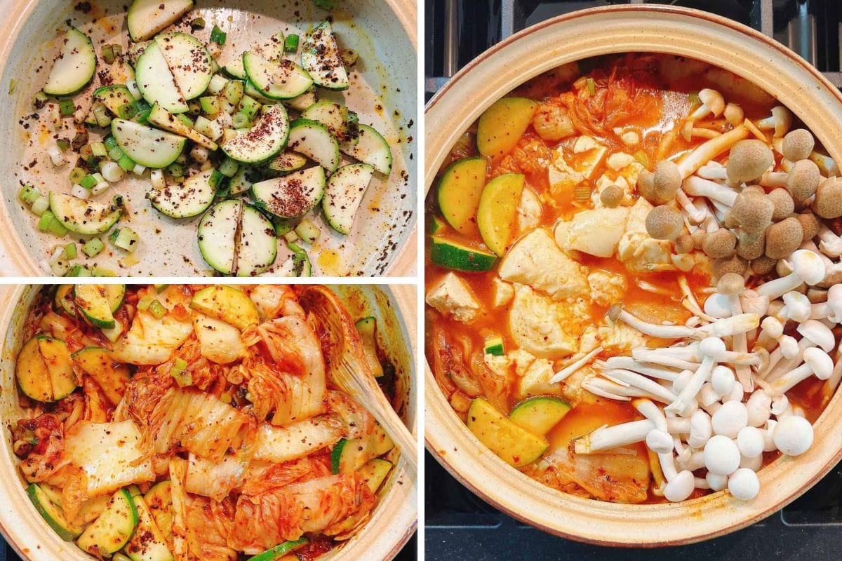 A collage showing three stages of cooking: sautéed zucchini, zucchini mixed with kimchi, and a pot of kimchi in a flavorful hot pot soup base, topped with fresh mushrooms and tofu.