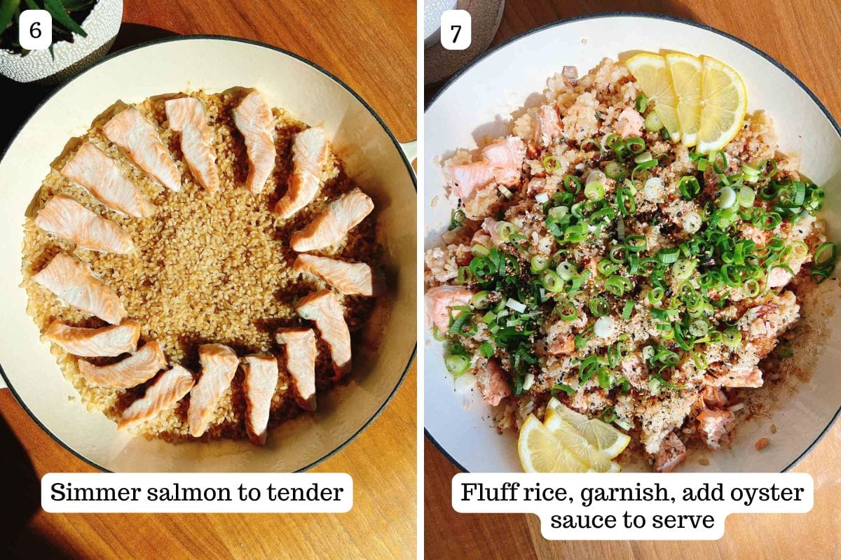 Person demos tender salmon simmered on top of the rice and how to garnish and serve the dish.