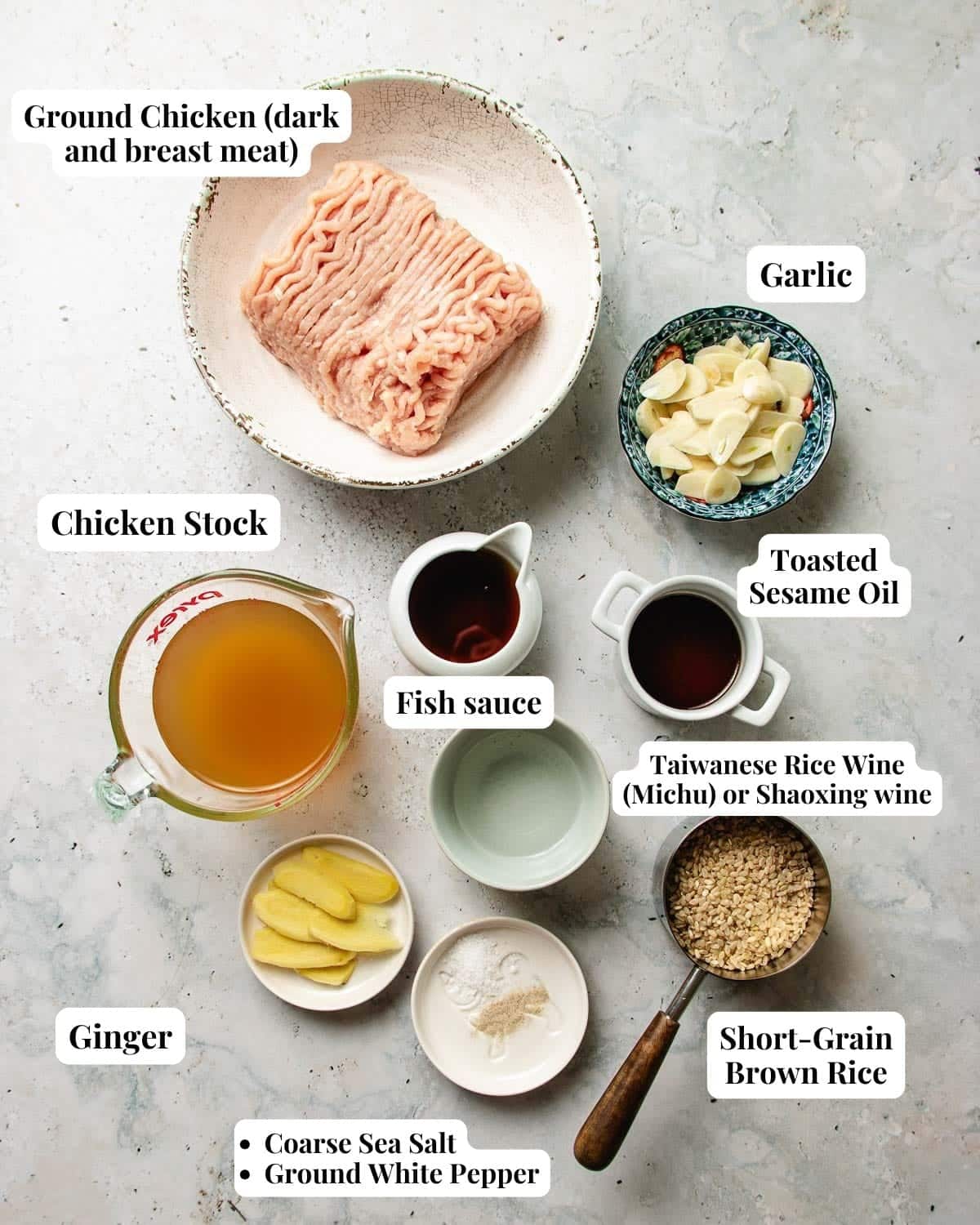 Photo shows ingredients needed to make this rice soup.