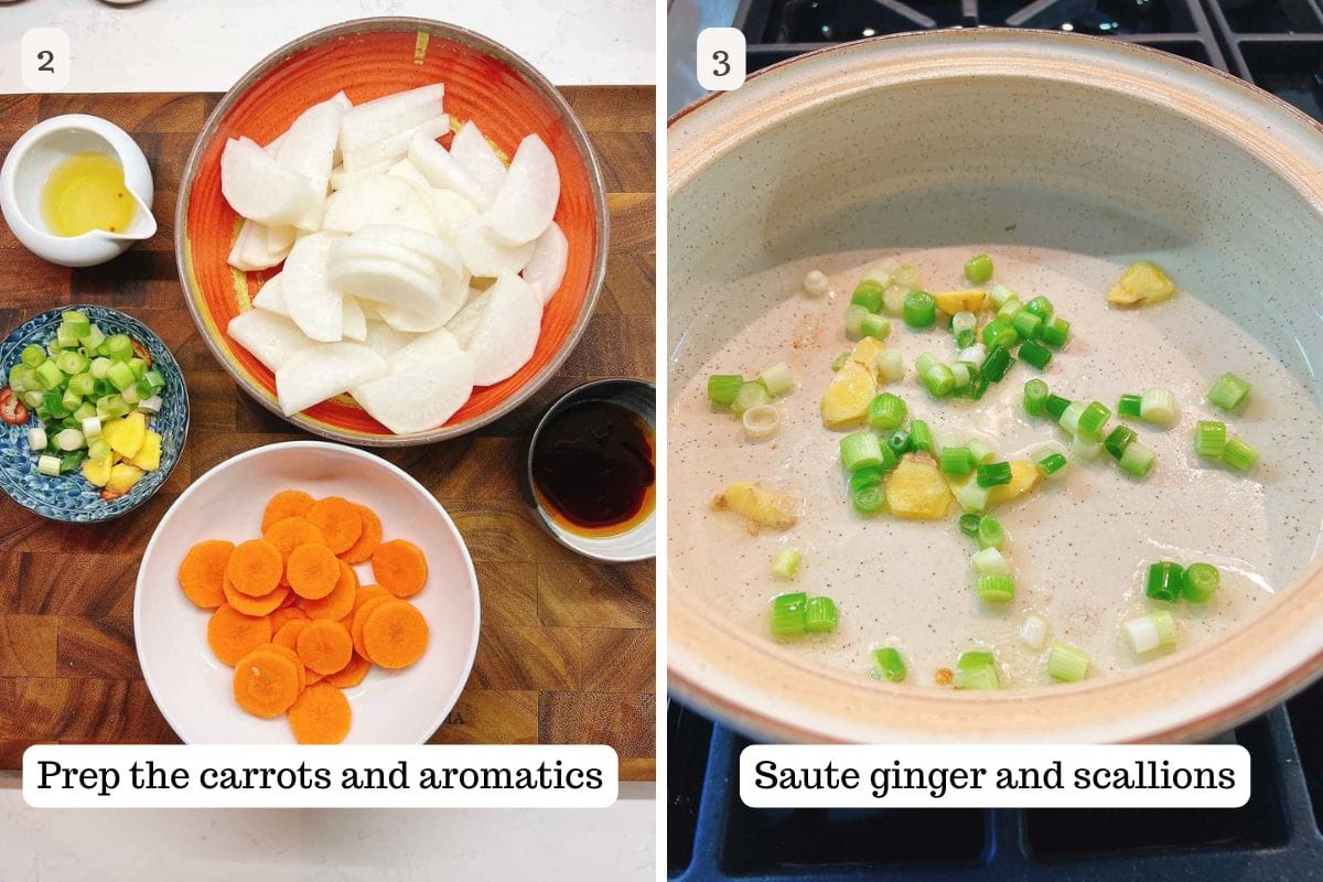 Person demos preparing daikon radish and sauteing aromatics to make soup.