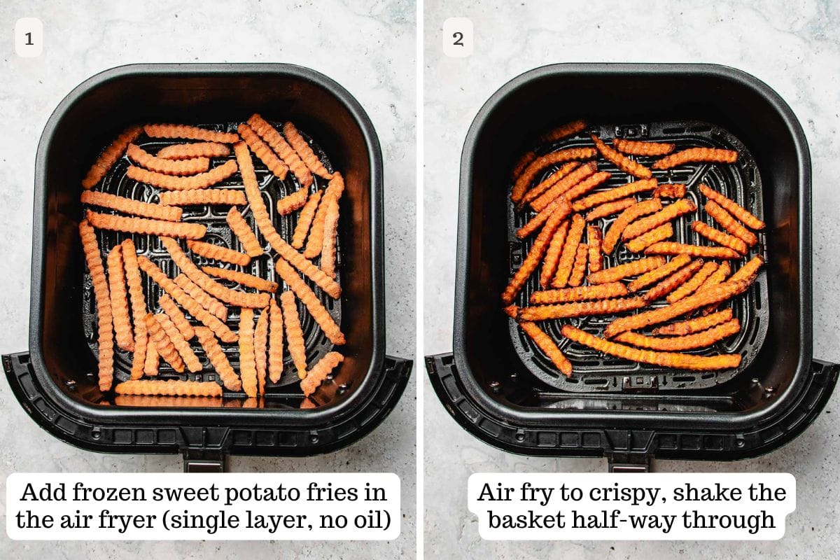 Person demos how to air fry frozen sweet potato fries with no oil and healthy.