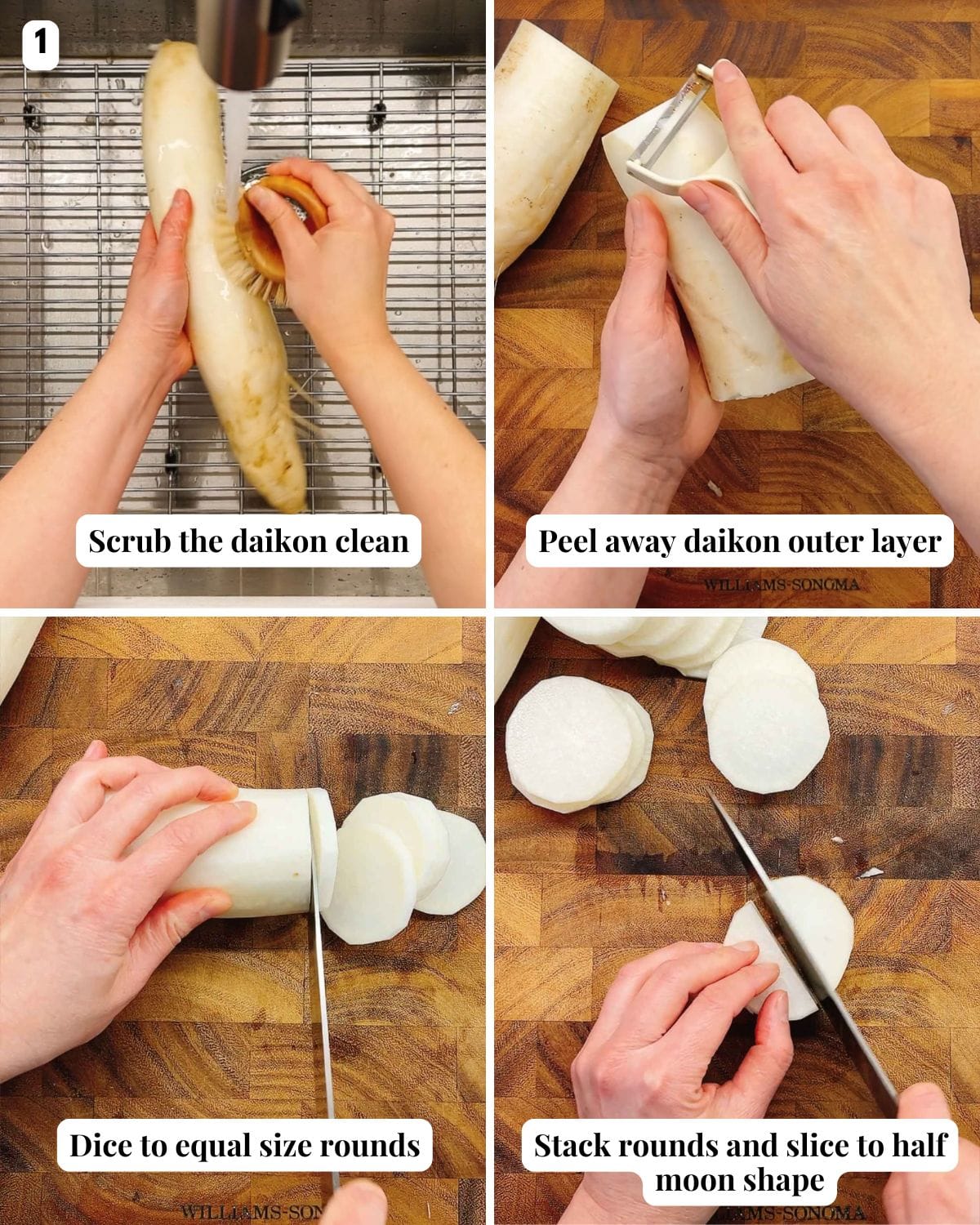 Person demos how to prepare daikon for soup use.