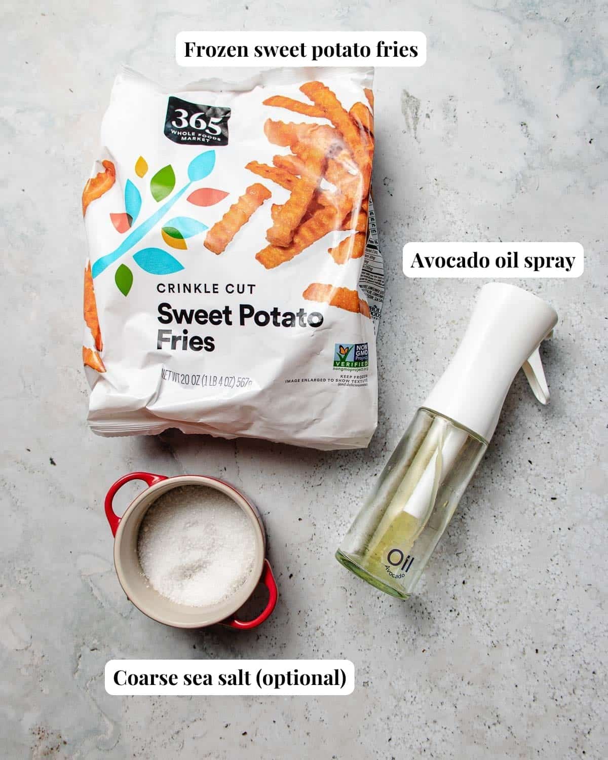 Image shows 3 simple ingredients to make frozen sweet potato fries in an air fryer..