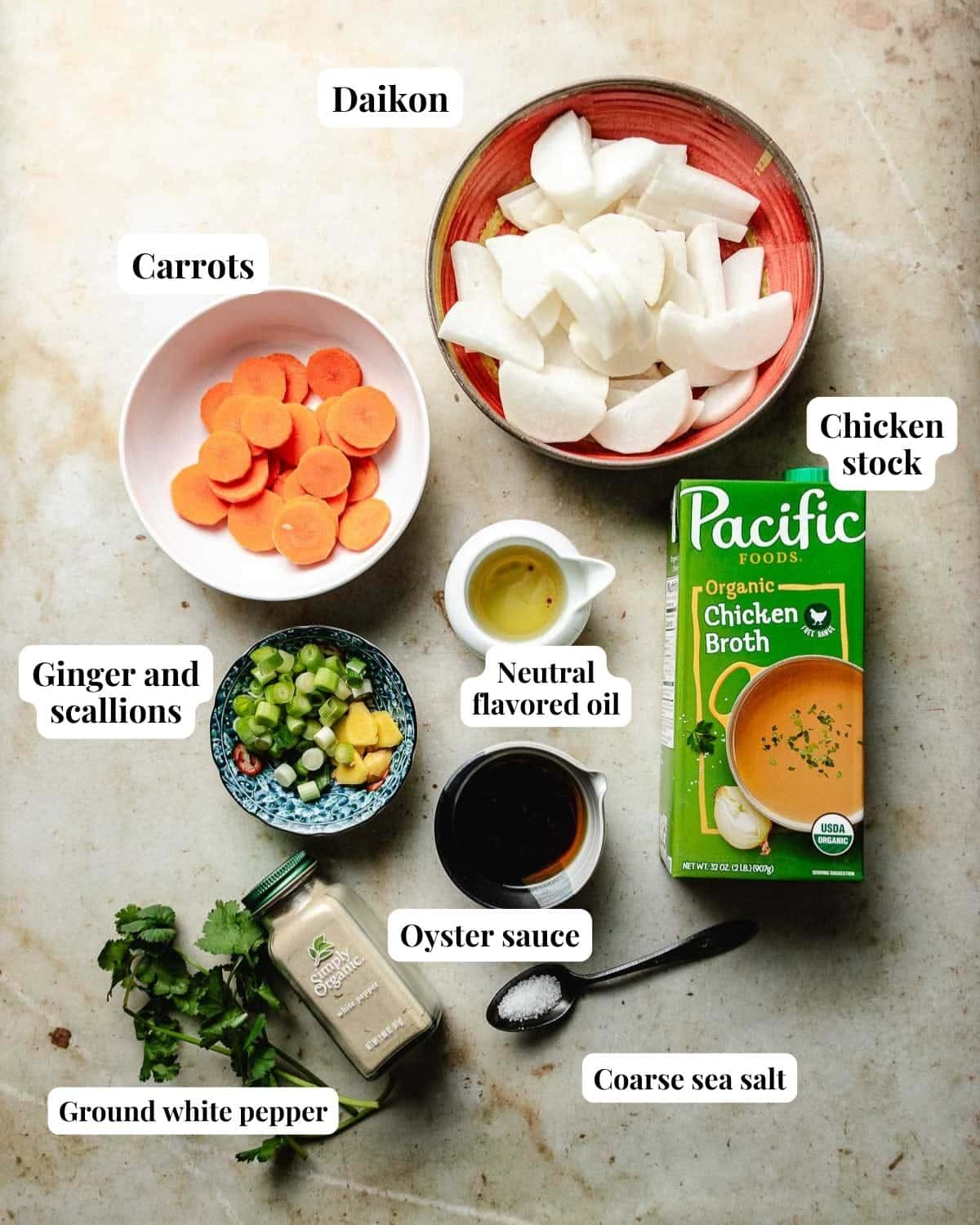 Photo shows simple ingredients used to make daikon soup.