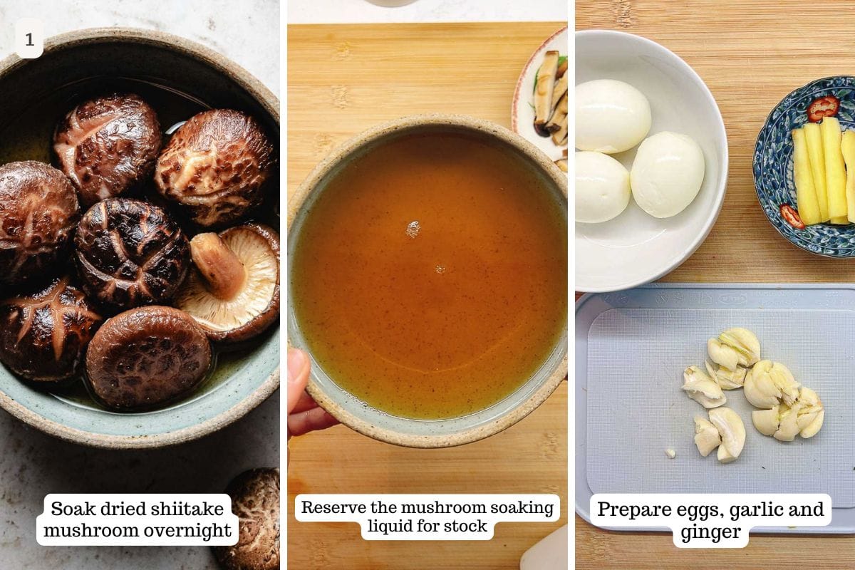 Person demos how to rehydrate dried shiitake and preparing hard boiled eggs with garlic and ginger.