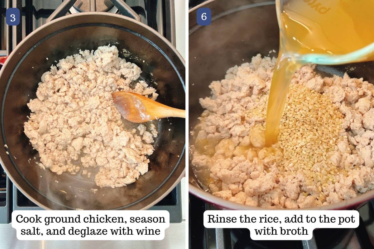 Person demos sauteing ground chicken in toasted sesame oil then add the rice grains and chicken broth to simmer.