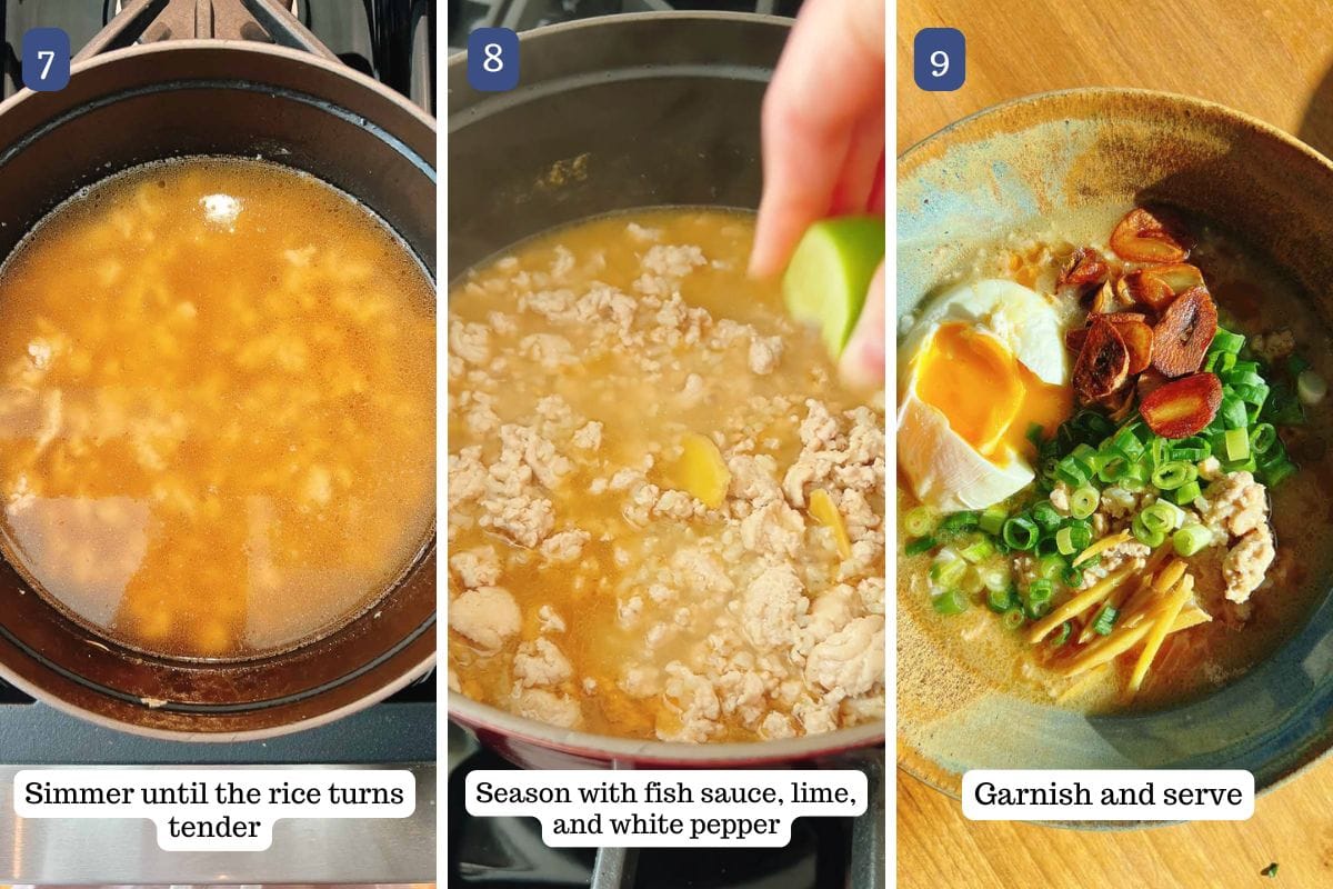 Person demos seasoning the rice and soup after the rice are cooked to tender in chicken broth and releases starch and how to serve the rice soup.