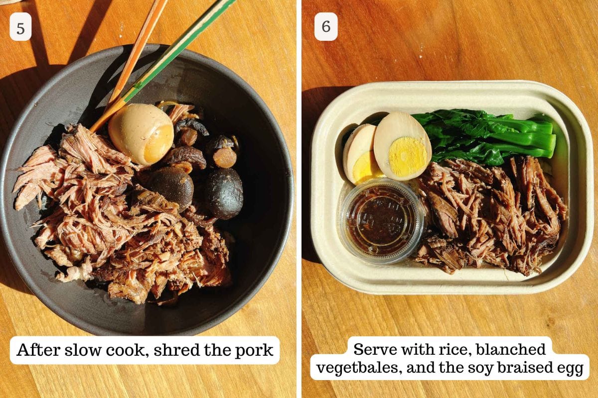 Person demos shredding the pork after simmered to tender and how to pack it into a meal box.