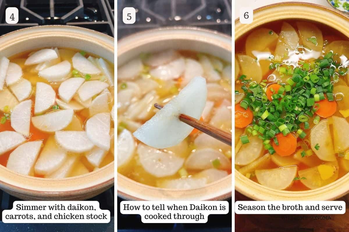 Person demos how to cook daikon in soup and how to tell when it's cooked through.