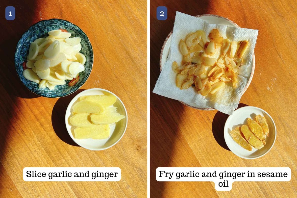 Person demos slicing garlic and ginger then fry them with sesame oil to create flavor.