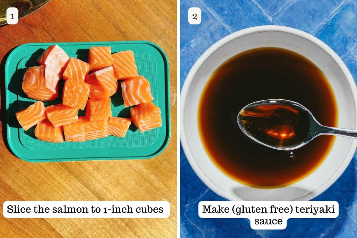 Image shows how to slice salmon to bite sizes and making gluten-free teriayki sauce.