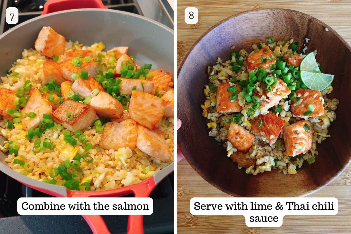 Person demos adding cooked salmon to the fried rice and how to serve it.