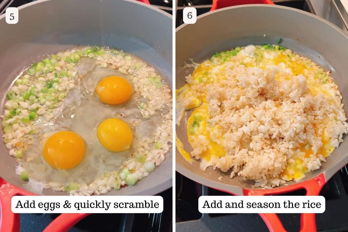 Person demos adding eggs and cooked rice to stir fry with salmon.