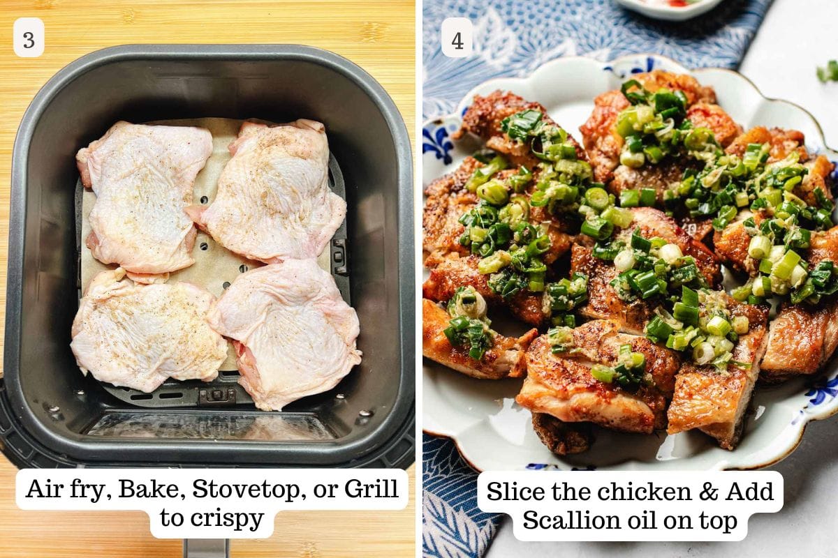 Person demos cooking the chicken to crispy and drizzle scallion oil over and on top.