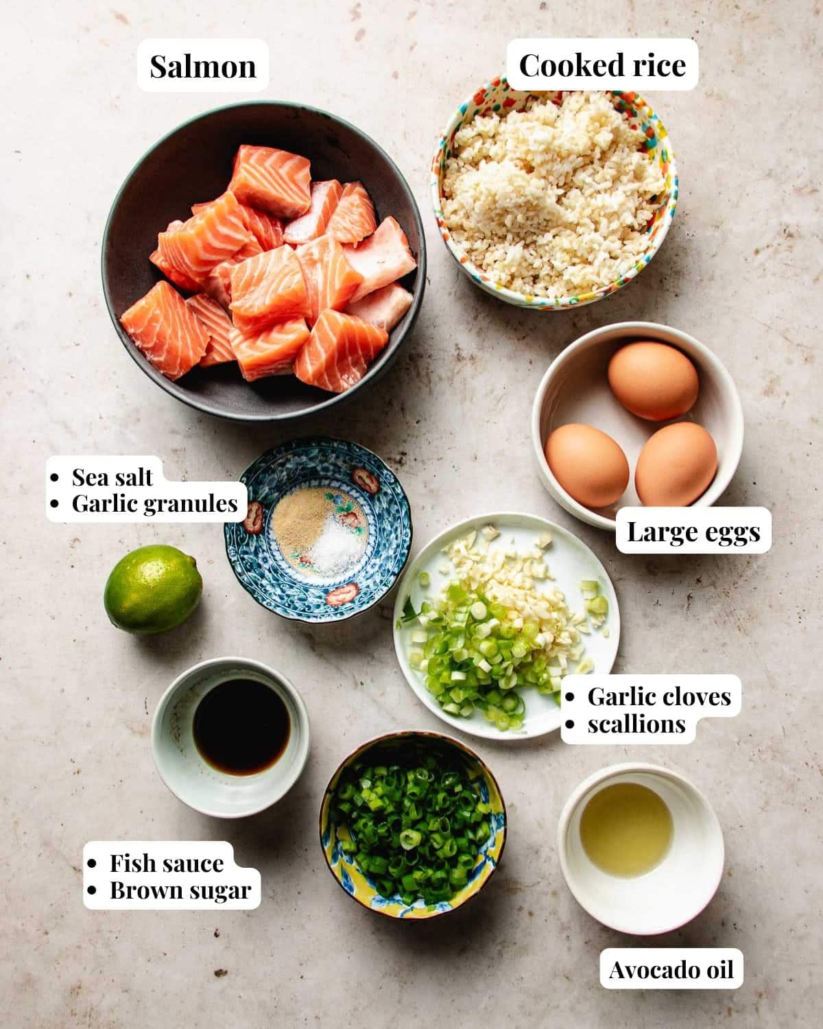 Image shows ingredients and sauce seasonings to make Thai salmon fish fired rice.