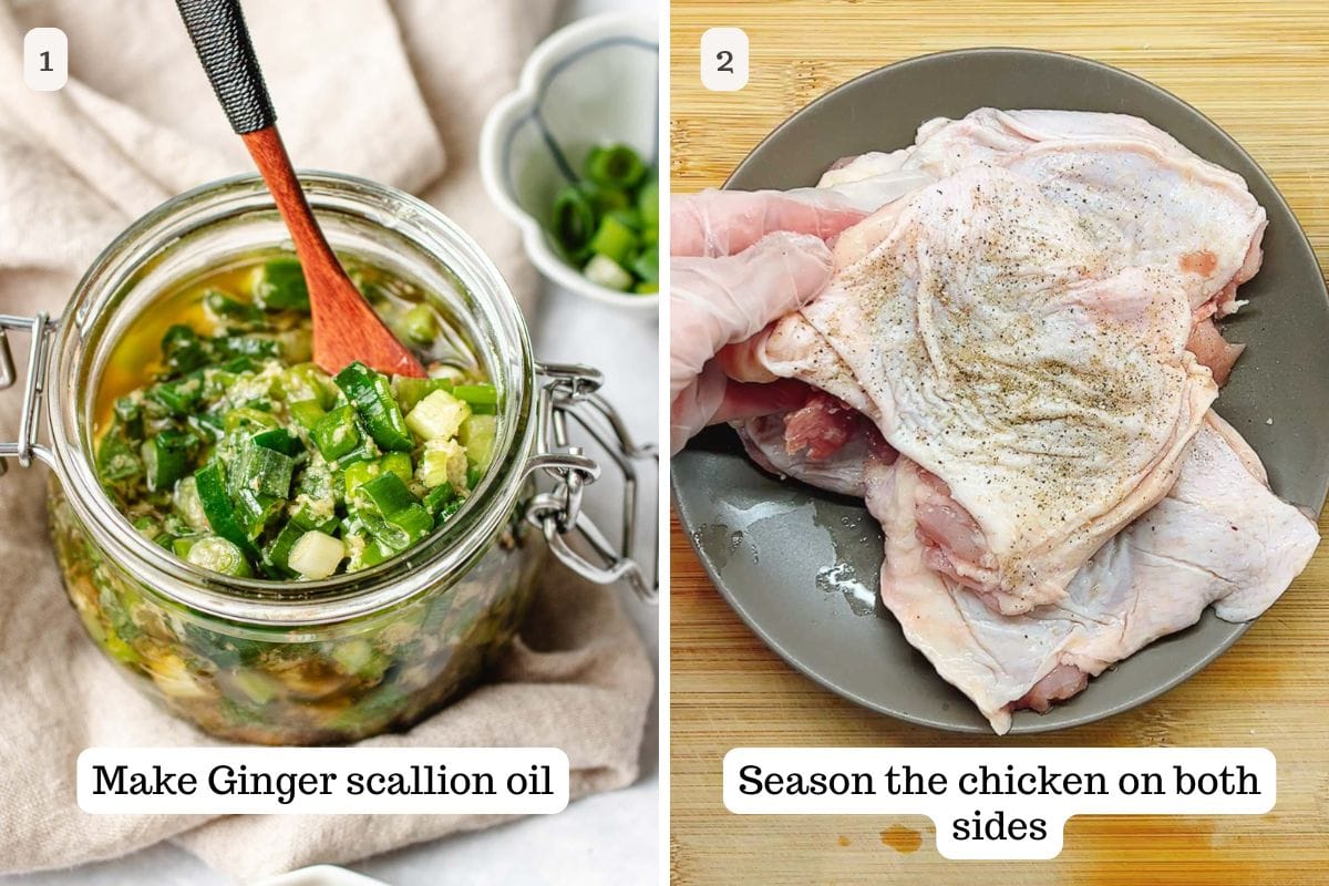 Person demos making scallion oil and season the chicken separately.