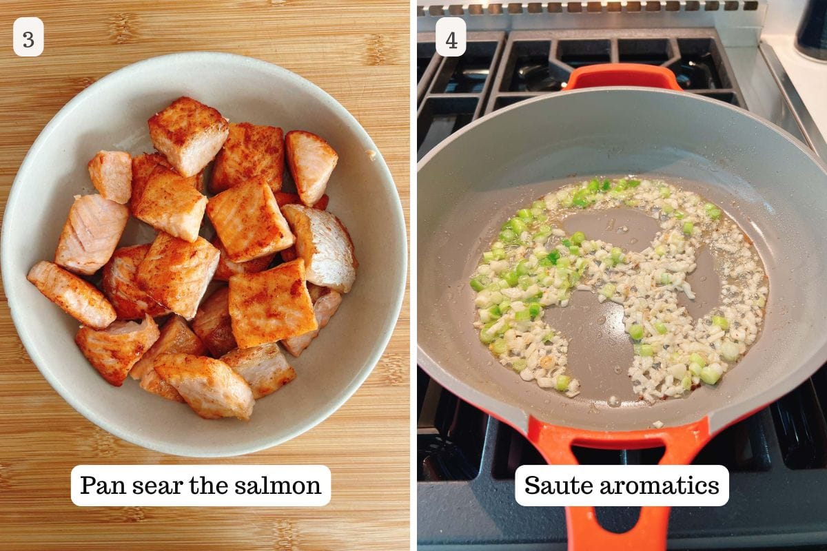 Person demos how to pan sear salmon cubes and sauteing aromatics to create flavor.