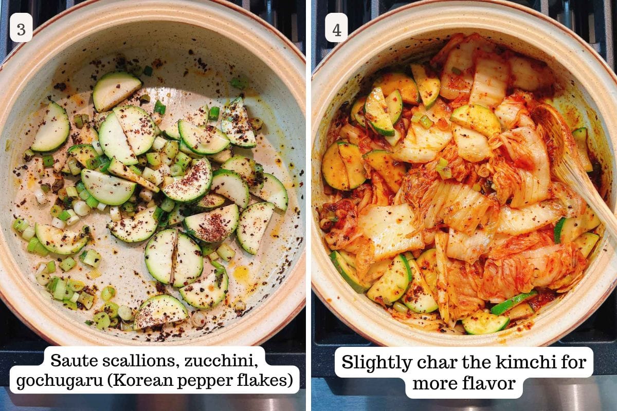 Person demos how to make silken tofu soup more flavorful by sauteing and charring the kimchi first.