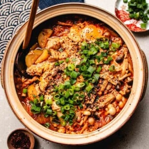 Recipe image for silken tofu soup with kimchi in a donabe soup pot.