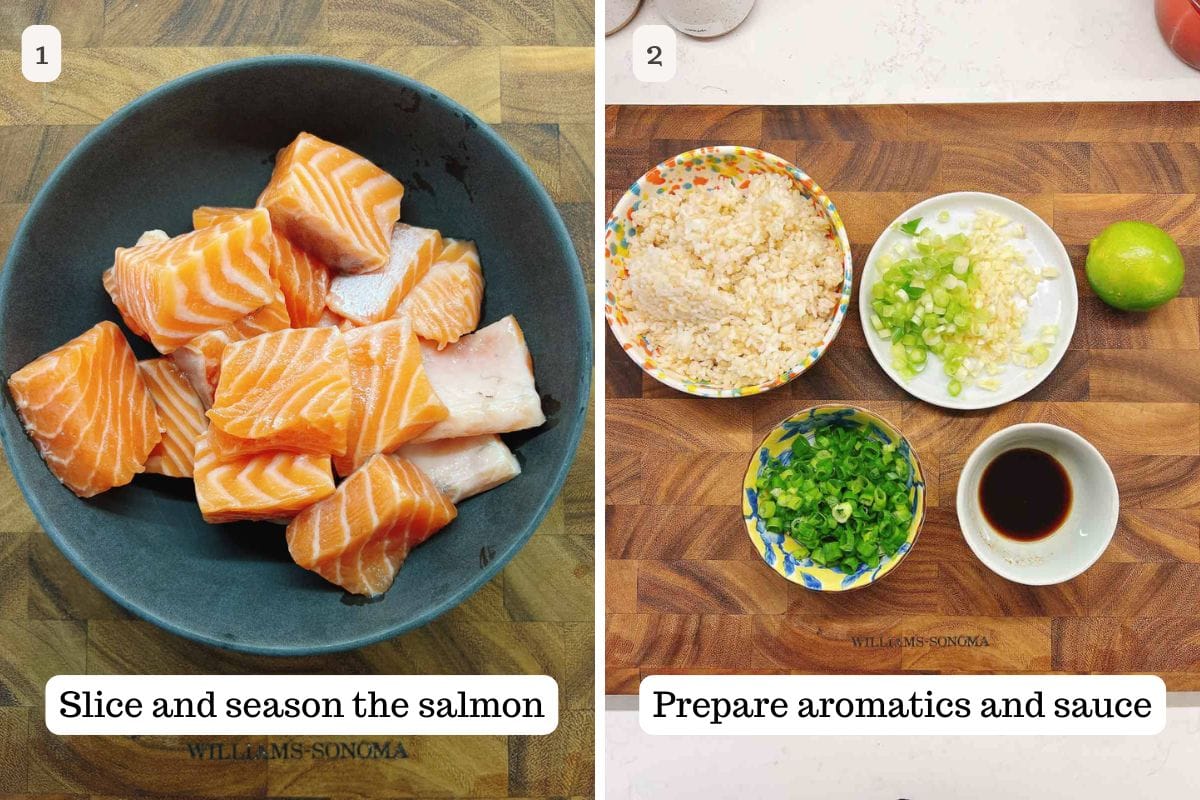 Person demos slicing the salmon and preparing aromatics and stir fry sauce.