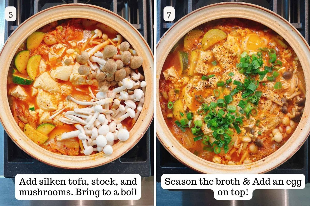 Person demos simmering silken tofu with kimchi in one pot until the broth is well seasoned.