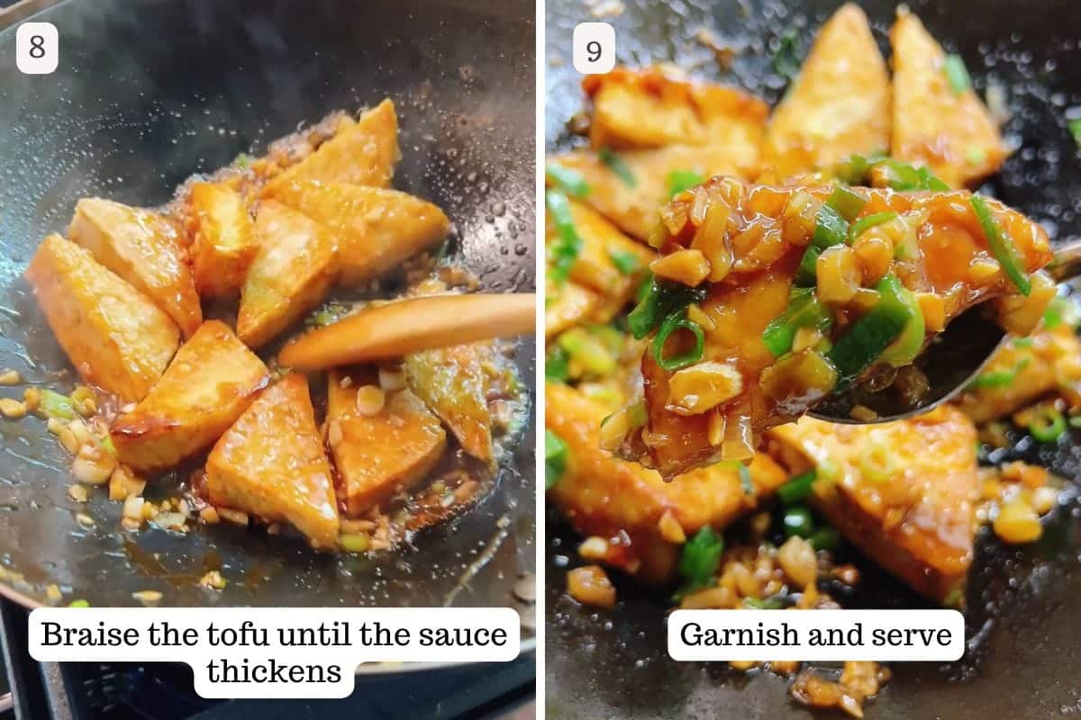 Photo shows adding tofu in to the sauce and braise further until tender flavorful.