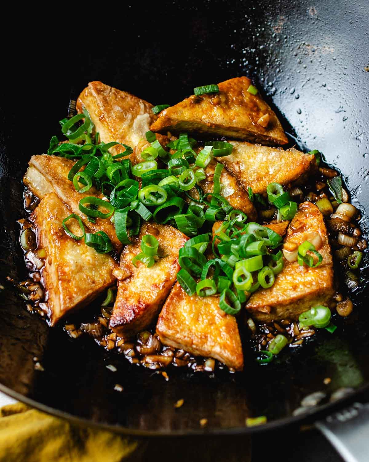 Feature image with a close shot photo shows crisp brown tofu braised in a brown sauce and garnished with scallion in a wok.