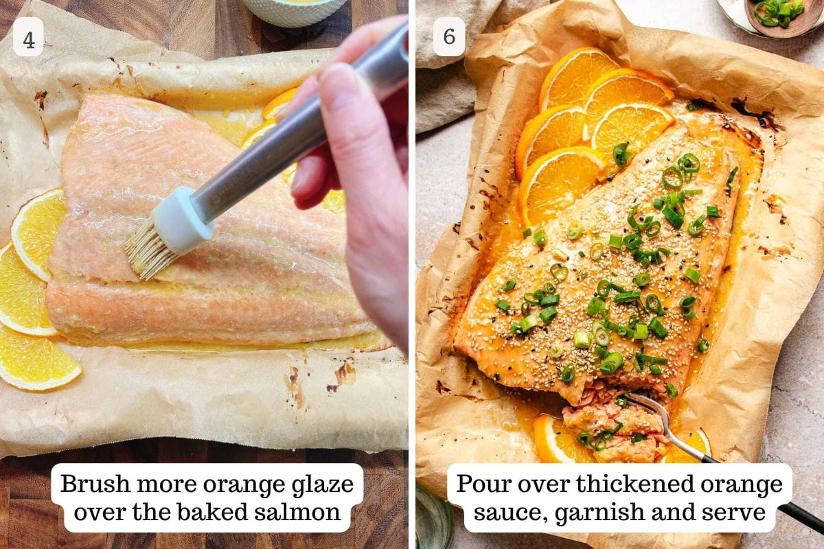 Person demos brushing orange glaze over the baked salmon and how to serve it.