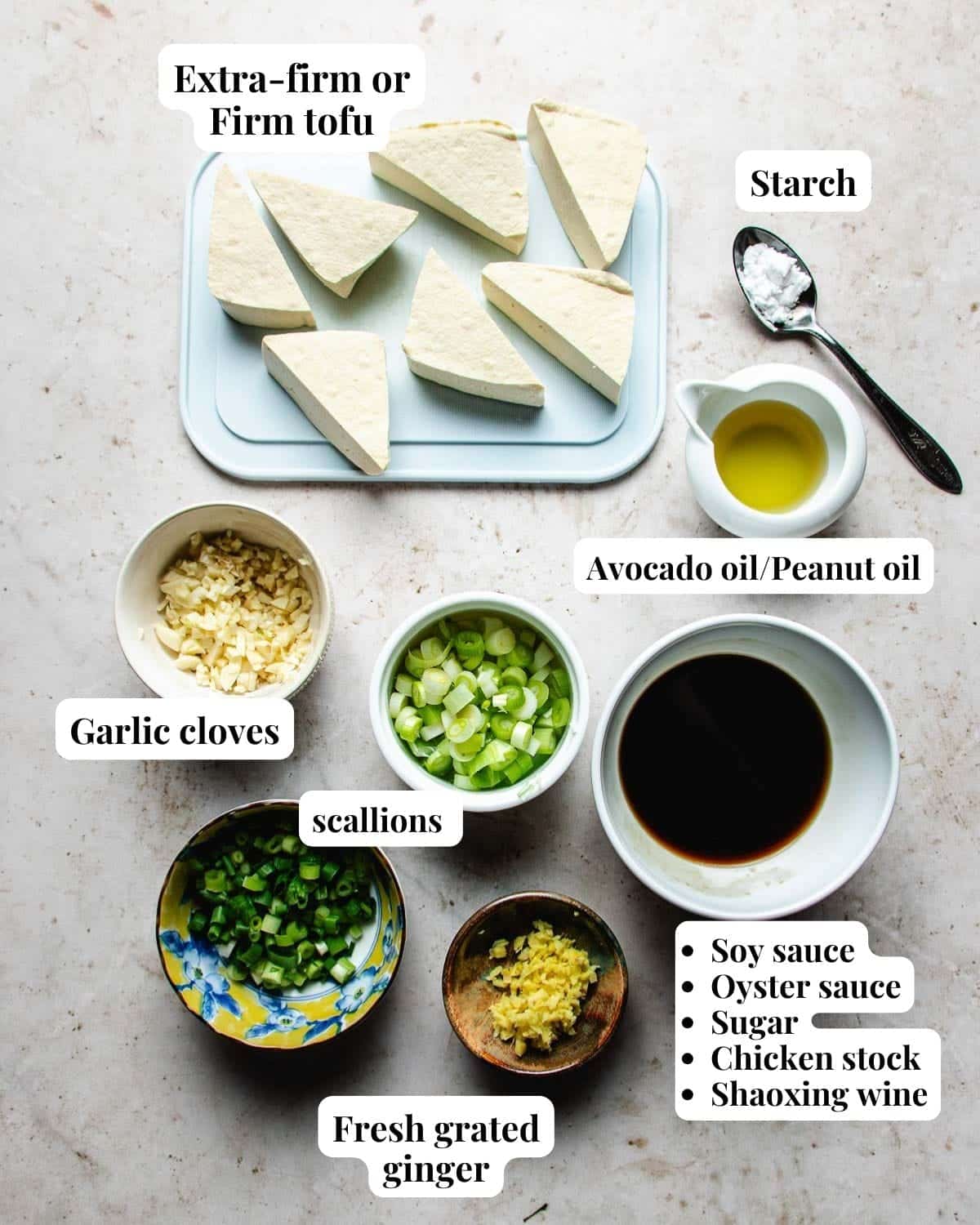 Ingredients for braised bean curd tofu and sweet soy brown sauce.