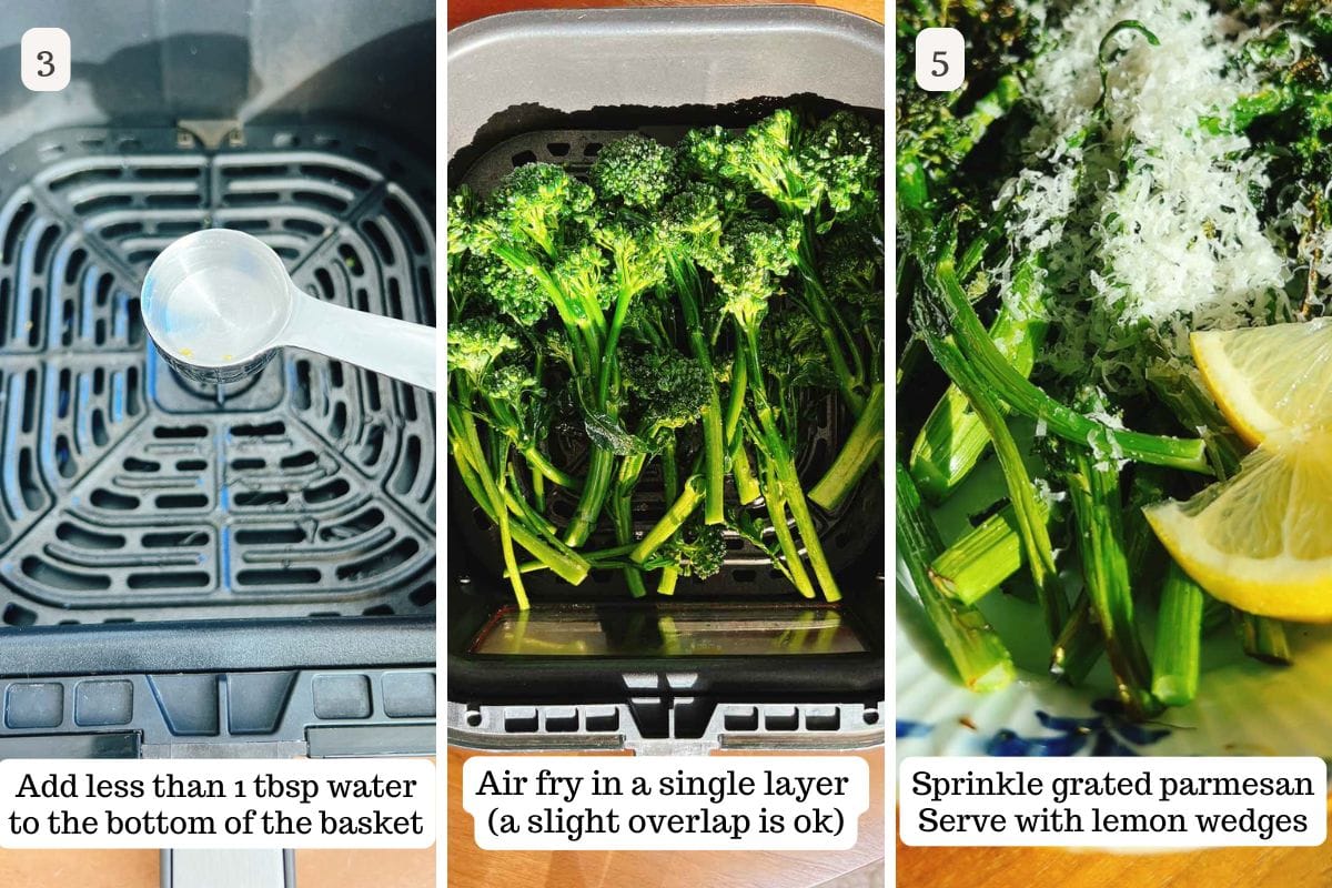 Person demos how to air fry broccolini so it won't turn out burnt and dry,