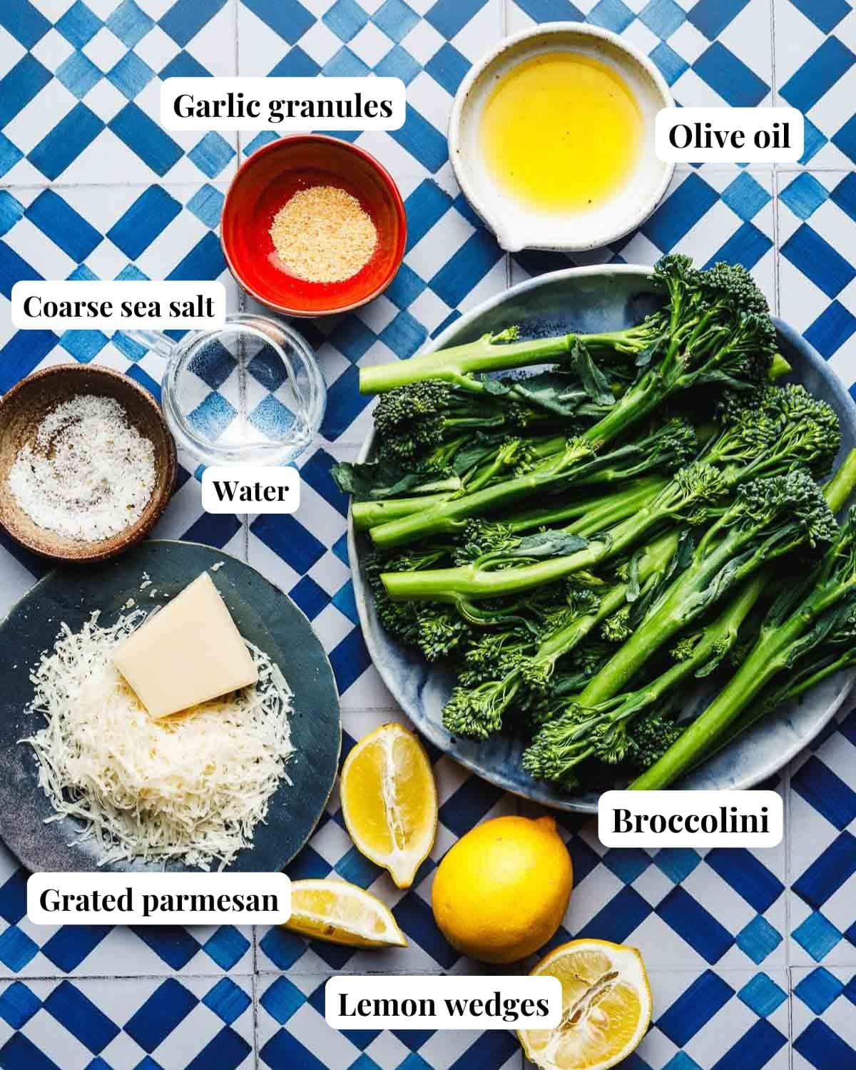 Photo shows ingredients and seasonings needed to air fry baby broccoli.