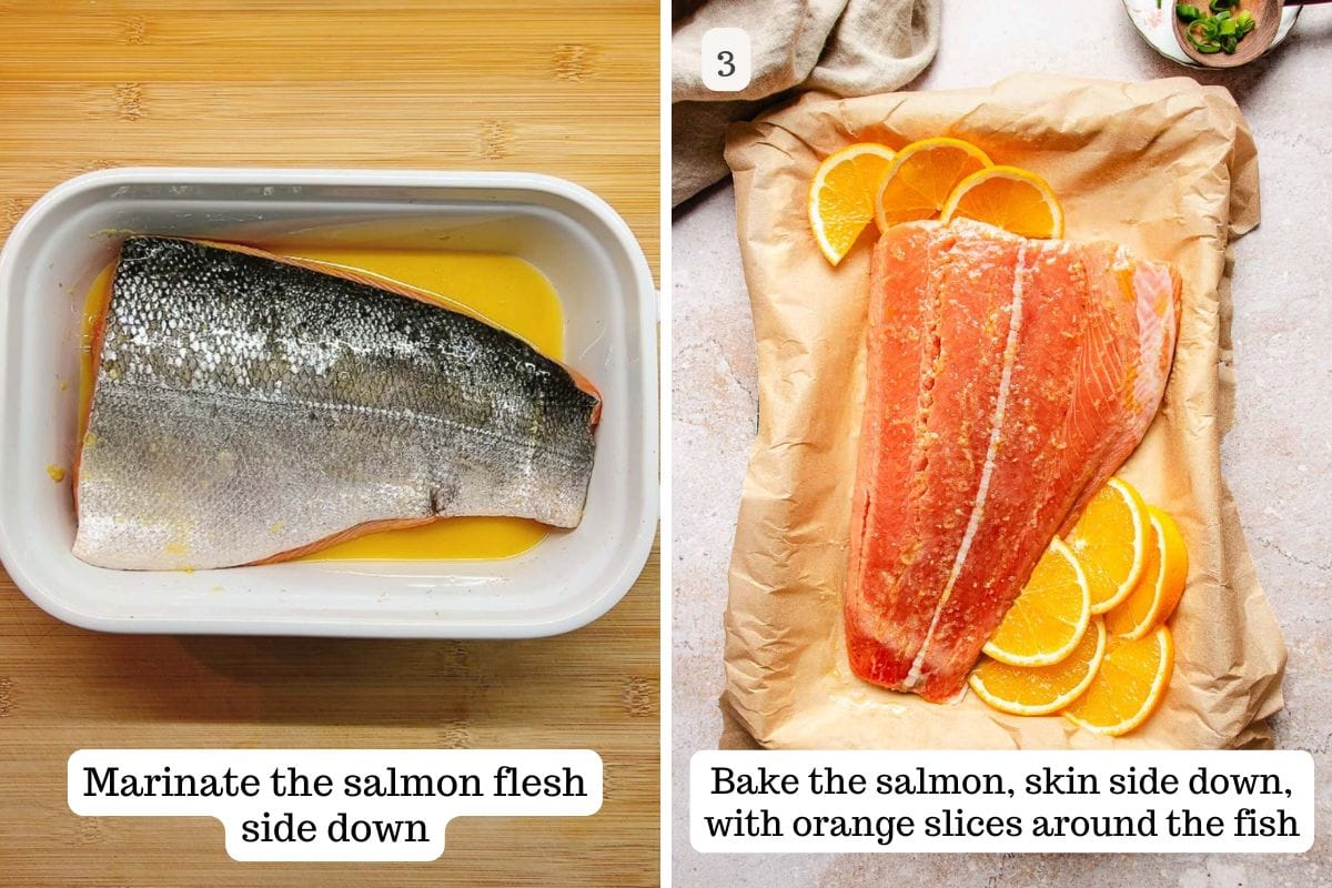 Person demos how to marinate salmon in orange sauce and how to bake it.