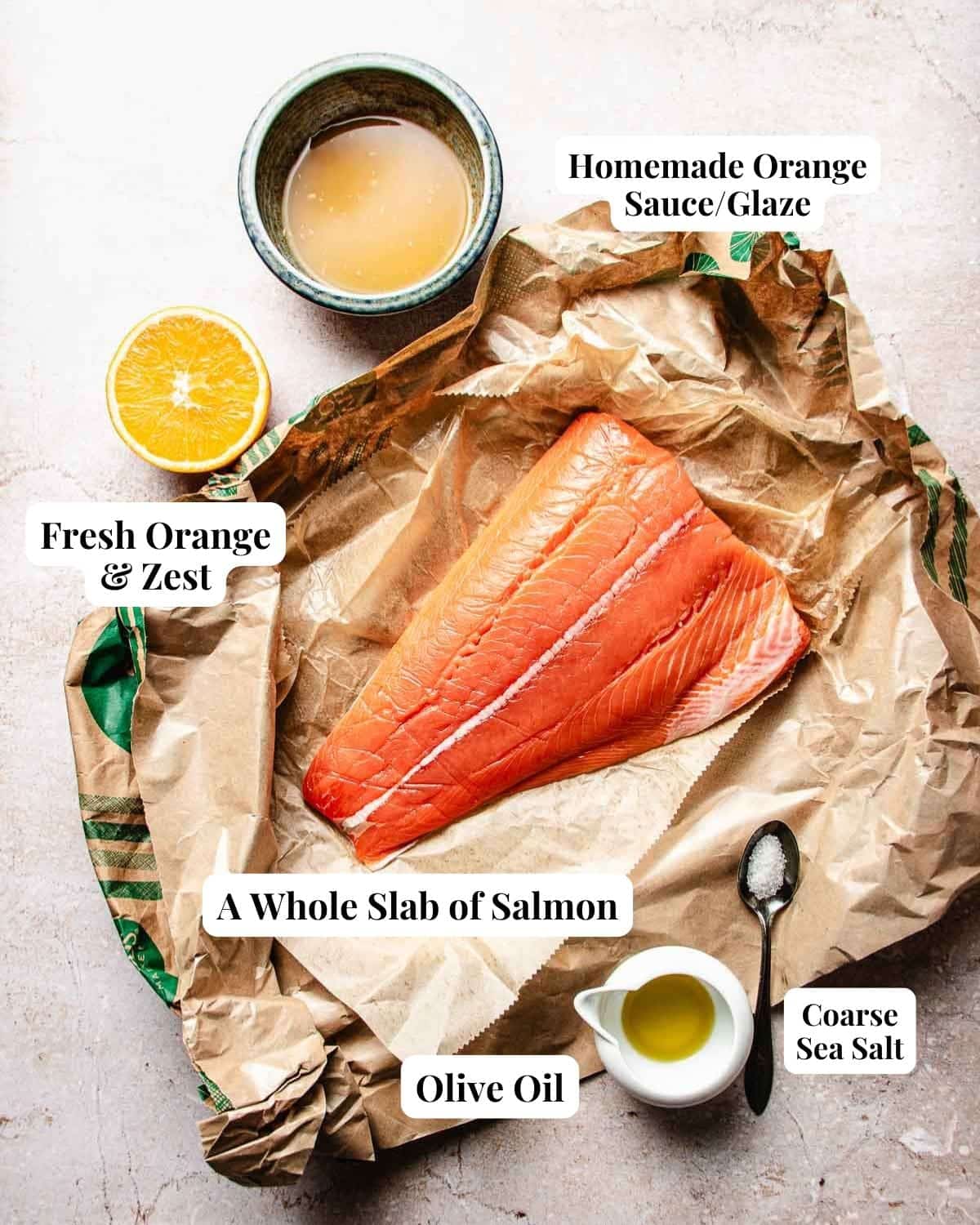 Photo shows ingredients needed to make orange salmon.