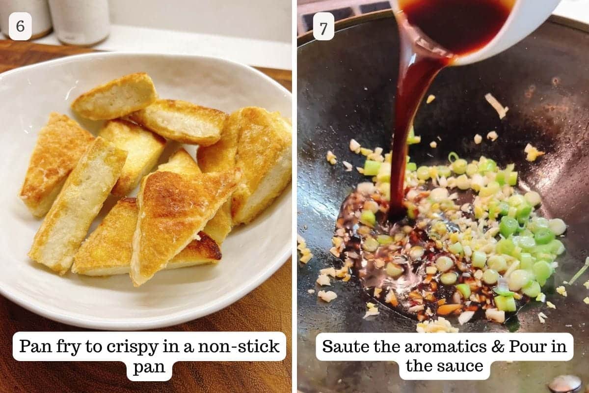 Person demos pan frying the tofu to crisp brown and combing aromatics and sauce in a wok.