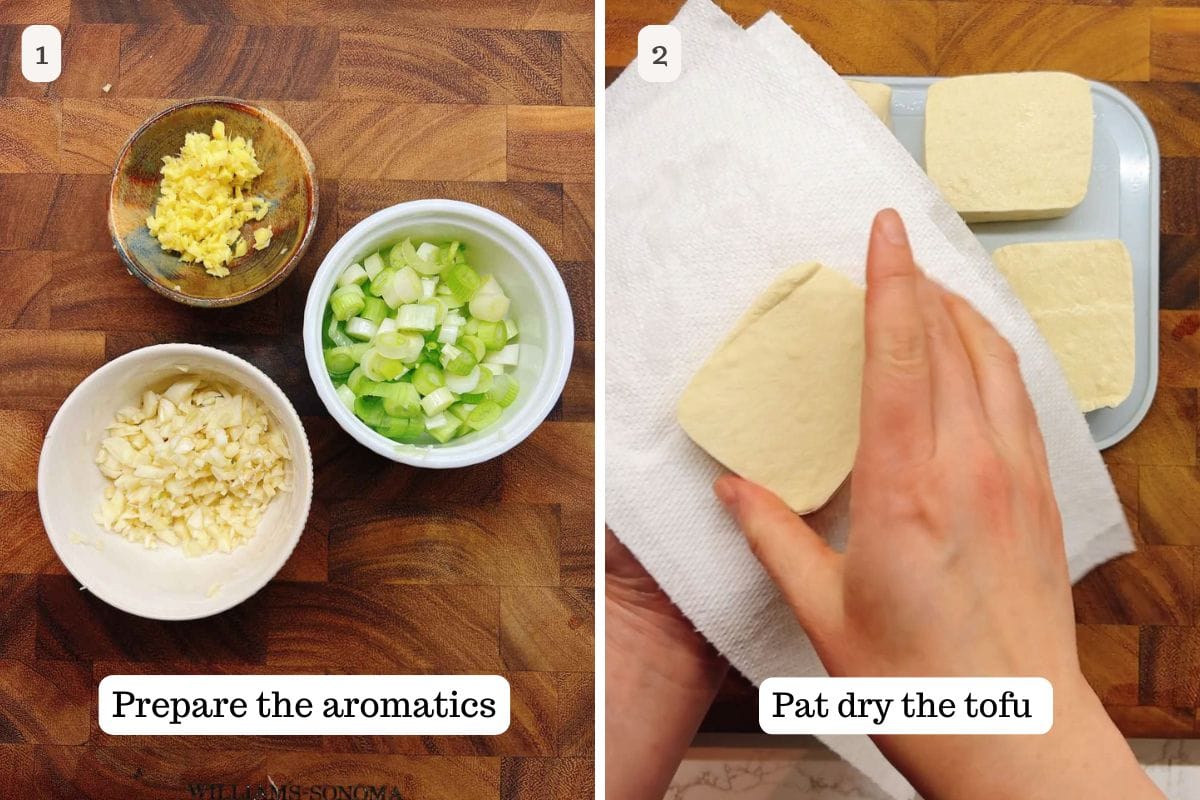 Person demos preparing aromatics, sauce, and patting dry the tofu.