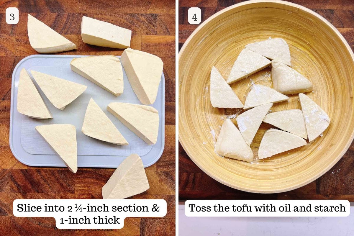Person demos slicing tofu to triangles and coat them in starch.