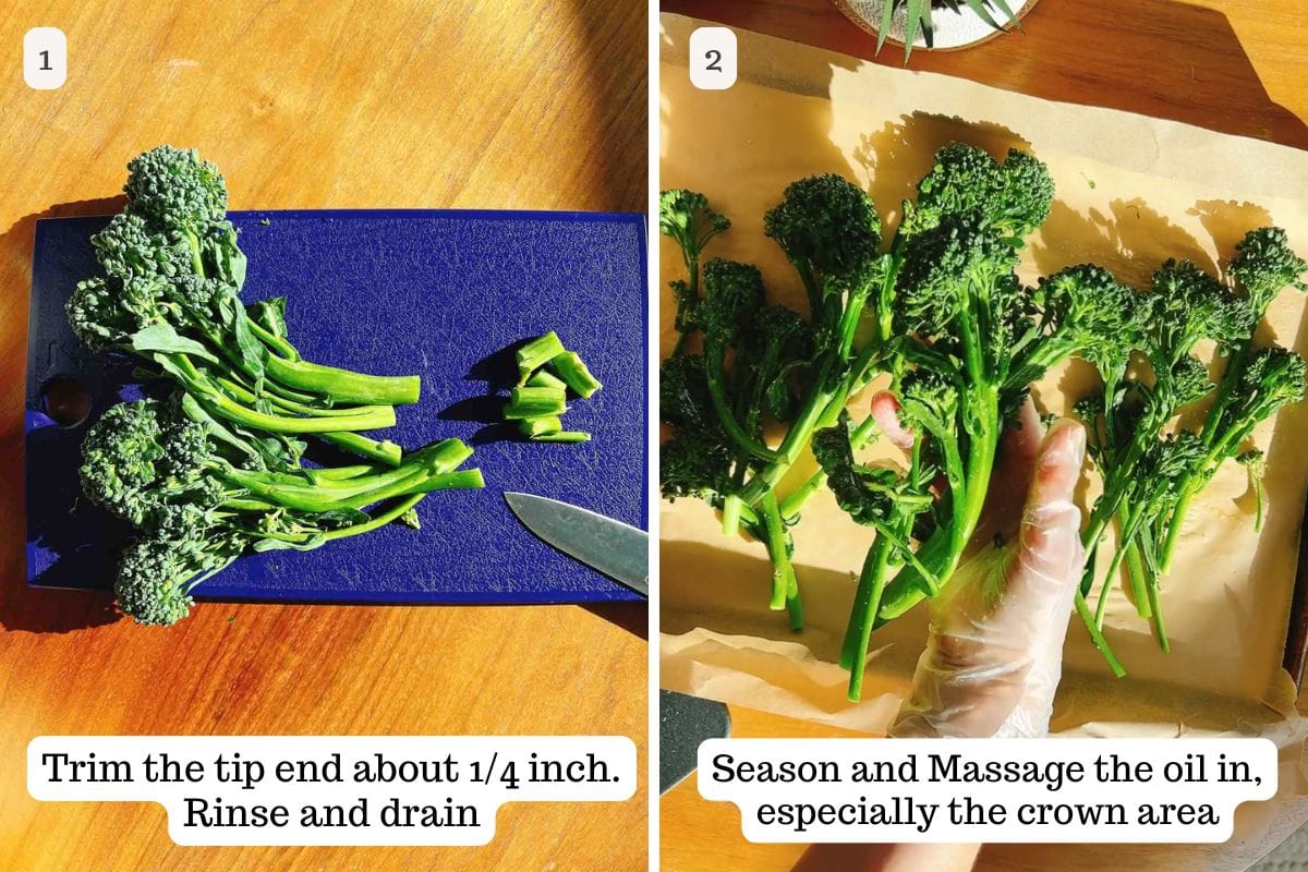 Person demos how to trim, prepare, season, and oil the broccolini before air frying.