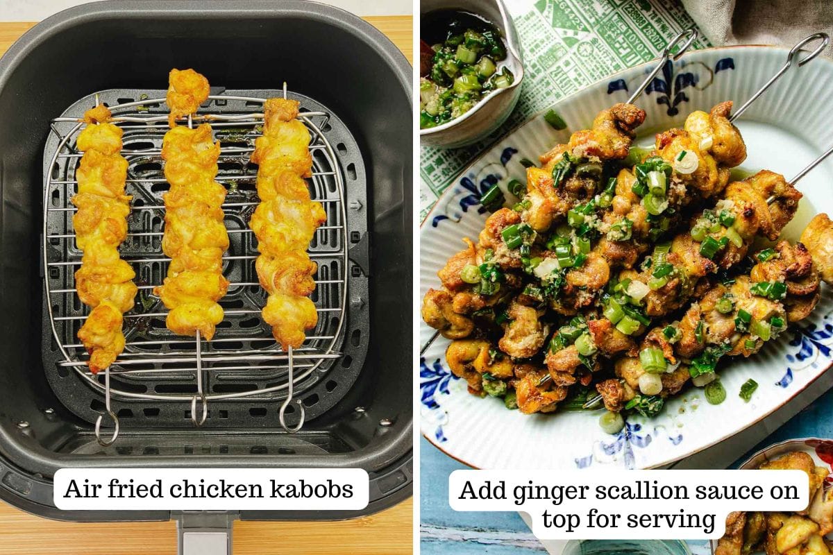 Person demos air frying chicken kabobs and serve with scallion ginger sauce.
