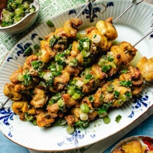 Recipe image for air fryer chicken kabobs with ginger scallion sauce.